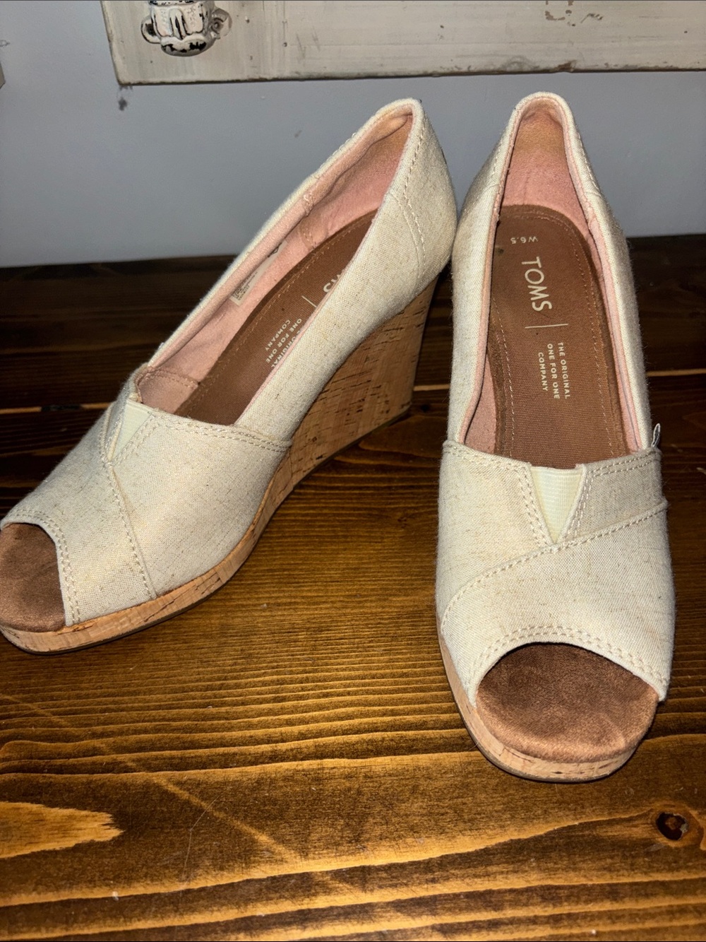 Toms Cream Linen Cork Wedge Peep-Toe Heels